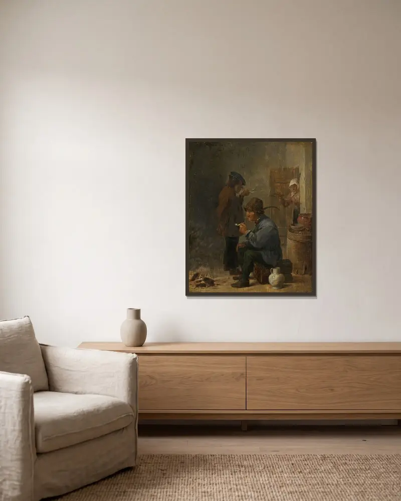 Två rökande bönder vid kolkamin av David Teniers The Younger inramad på en vägg