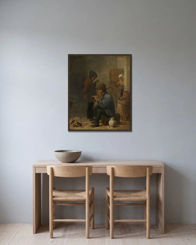 Två rökande bönder vid kolkamin av David Teniers The Younger inramad på en vägg