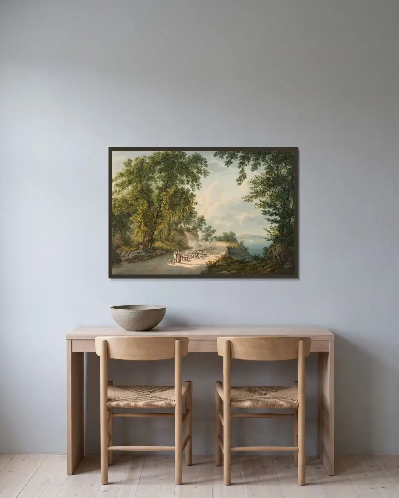 Sjölandskap med fårflock av Gabriel Lory the Younger inramad på en vägg