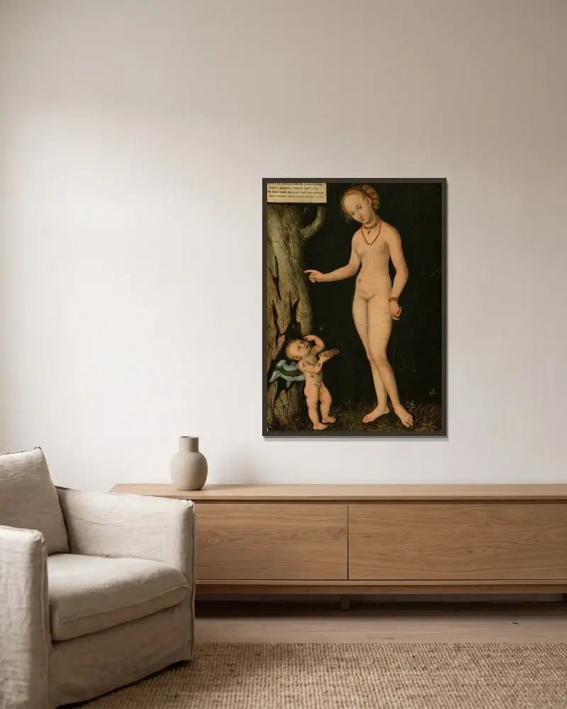 Venus with Cupid the Honey Thief av Lucas Cranach the Younger inramad på en vägg