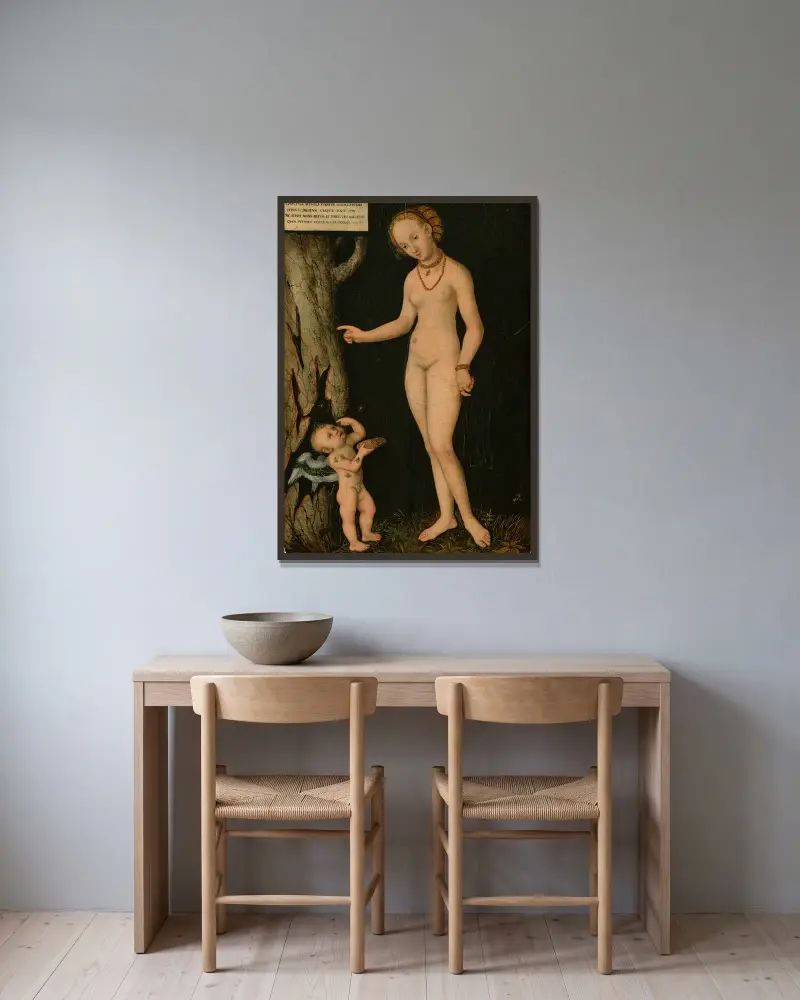 Venus with Cupid the Honey Thief av Lucas Cranach the Younger inramad på en vägg