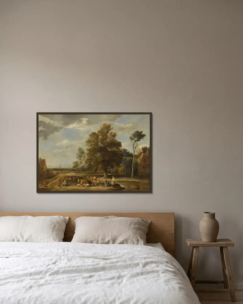 Bymotiv med herdar, en mjölkpiga, boskap, får och en hund, en stad i fjärran av David Teniers The Younger inramad på en vägg