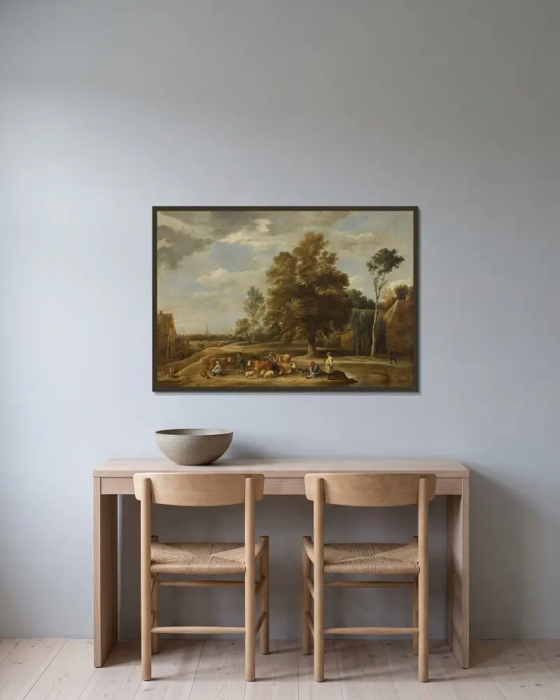 Bymotiv med herdar, en mjölkpiga, boskap, får och en hund, en stad i fjärran av David Teniers The Younger inramad på en vägg