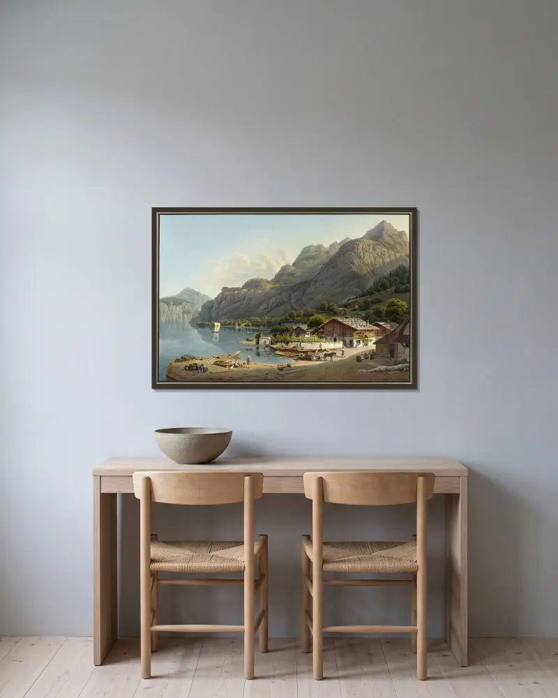 Vy över Fluhlen, i Schweiz av Gabriel Lory the Younger inramad på en vägg