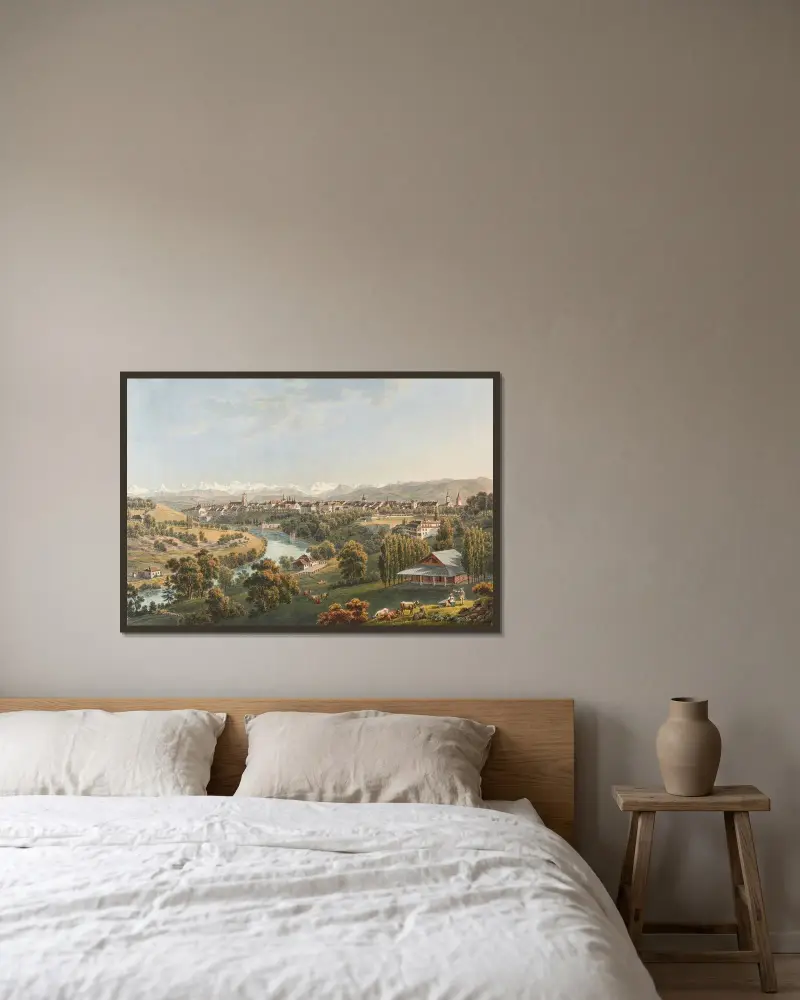 Vy av staden Bern av Gabriel Lory the Younger inramad på en vägg