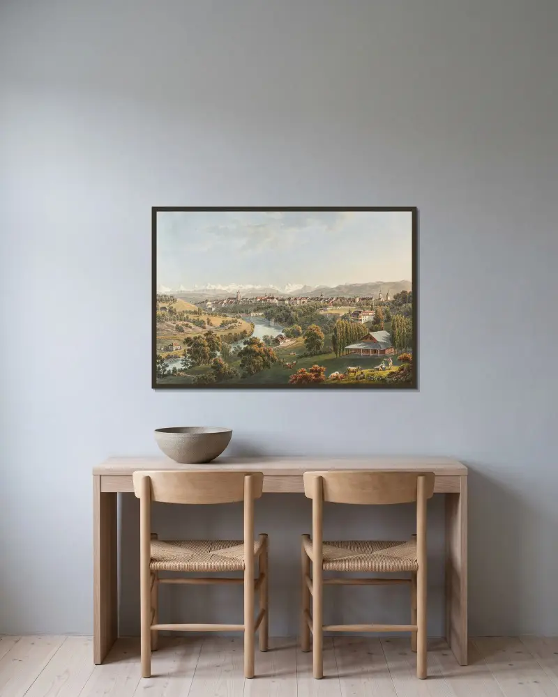 Vy av staden Bern av Gabriel Lory the Younger inramad på en vägg
