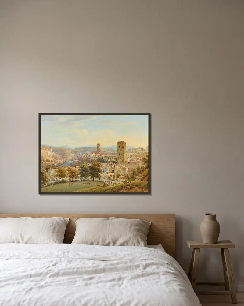 Vy av staden Fribourg av Gabriel Lory the Younger inramad på en vägg