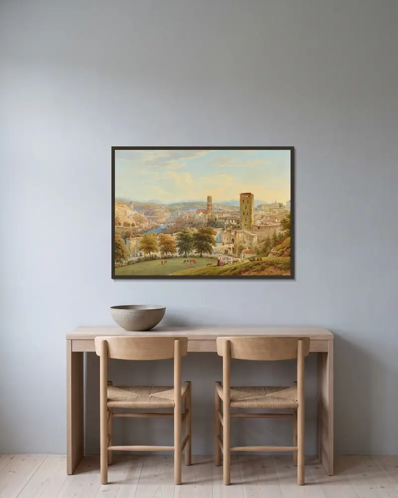 Vy av staden Fribourg av Gabriel Lory the Younger inramad på en vägg