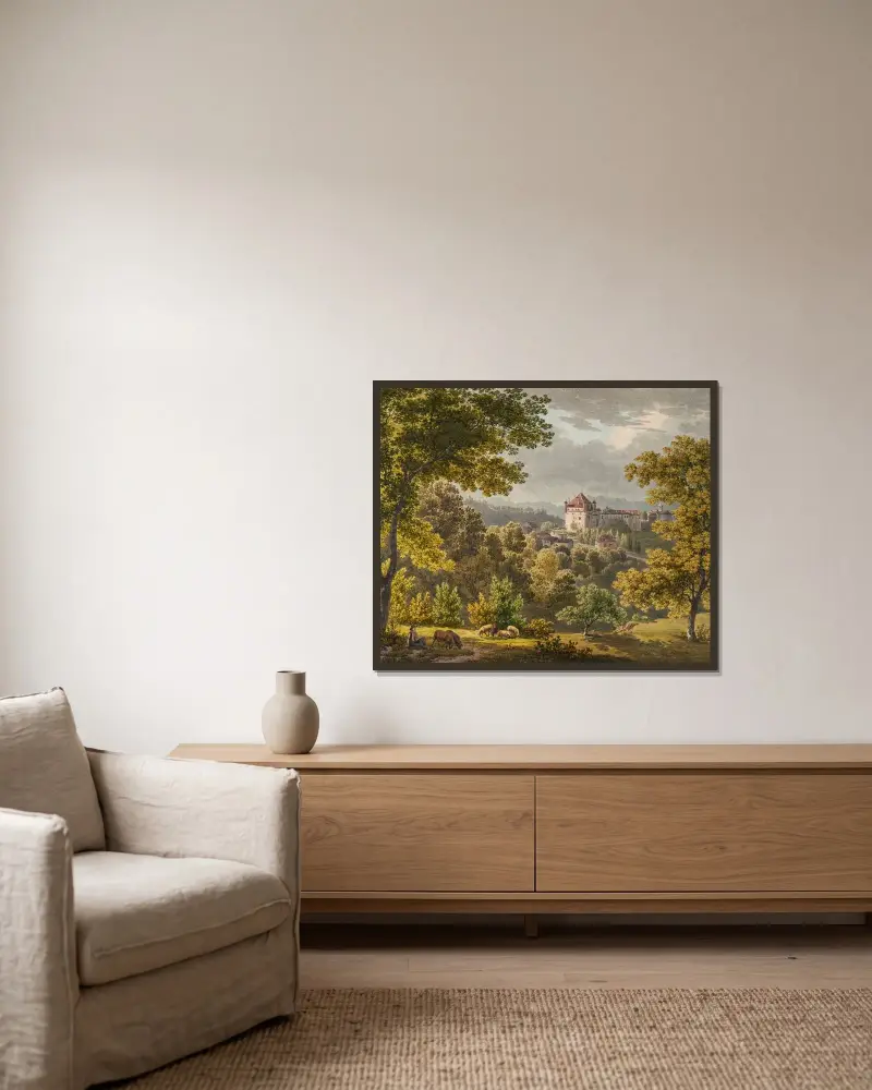 Vy över Lausanne av Gabriel Lory the Younger inramad på en vägg