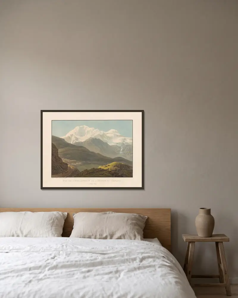 Vy över platsen för Hospice du Simplon och Mont Rosa av Gabriel Lory the Younger inramad på en vägg