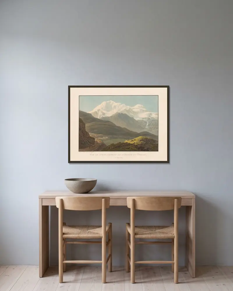 Vy över platsen för Hospice du Simplon och Mont Rosa av Gabriel Lory the Younger inramad på en vägg