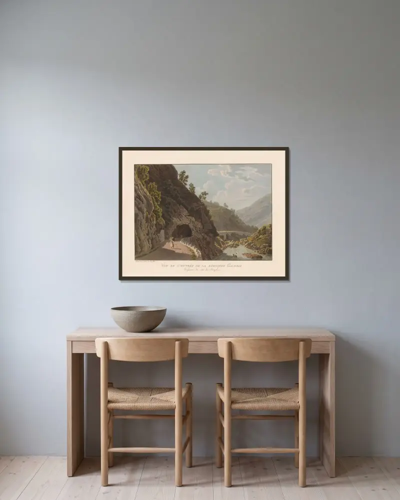 Vy över ingången till den sista anlagda gallerivägen vid Simplon av Gabriel Lory the Younger inramad på en vägg