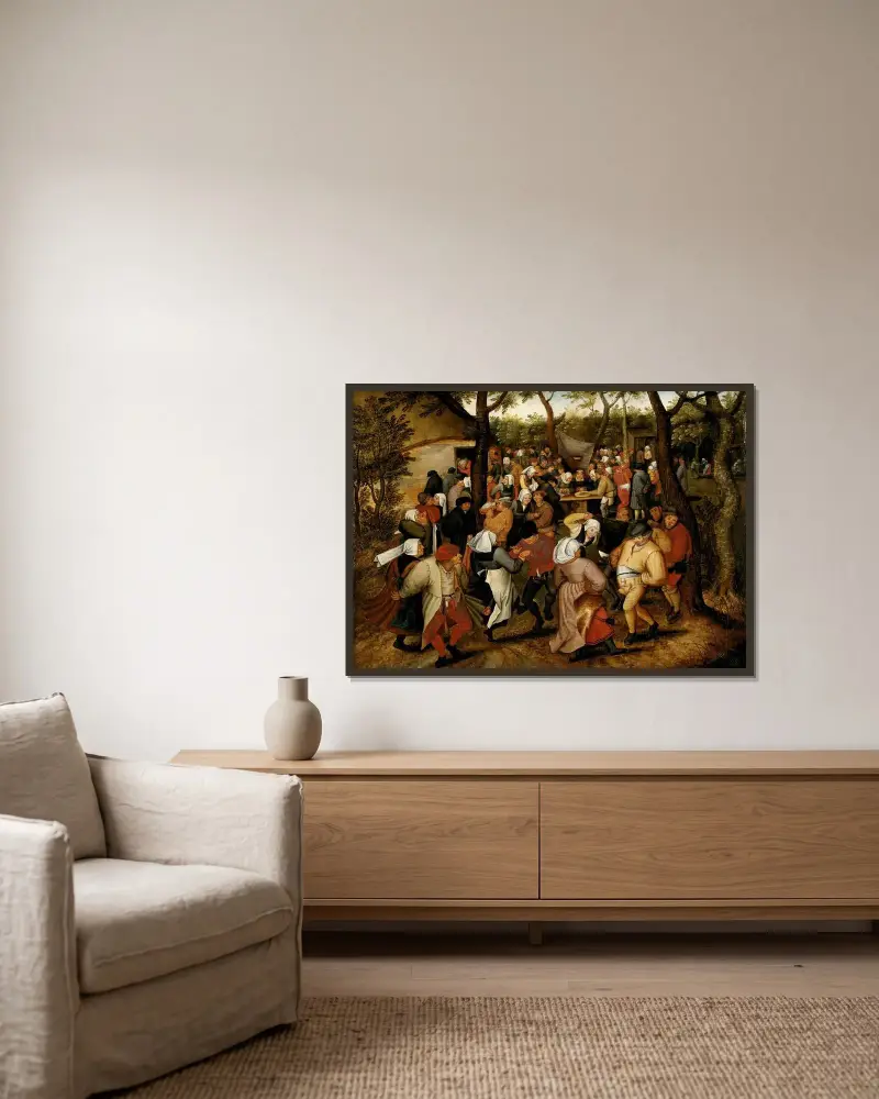 Hochzeitstanz im Freien von Pieter Brueghel The Younger gerahmt an einer Wand
