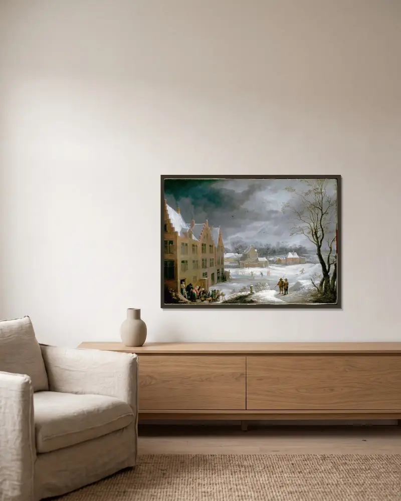Vinterlandskap med en man som slaktar en gris av David Teniers The Younger inramad på en vägg