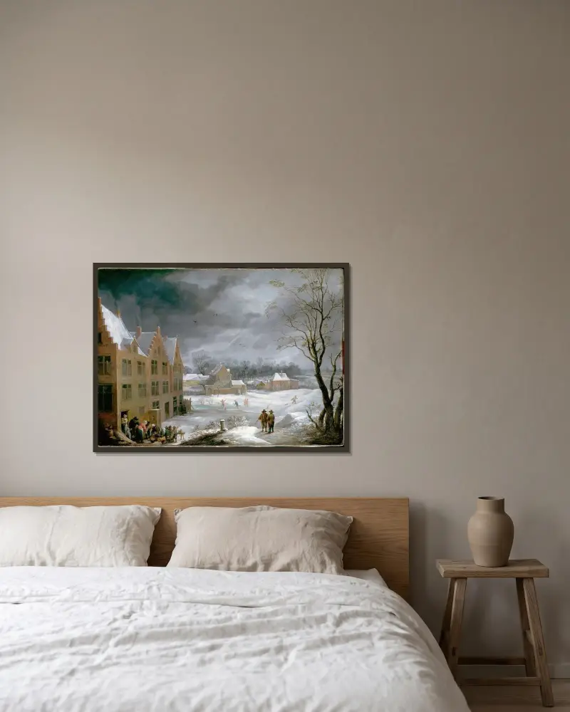 Vinterlandskap med en man som slaktar en gris av David Teniers The Younger inramad på en vägg