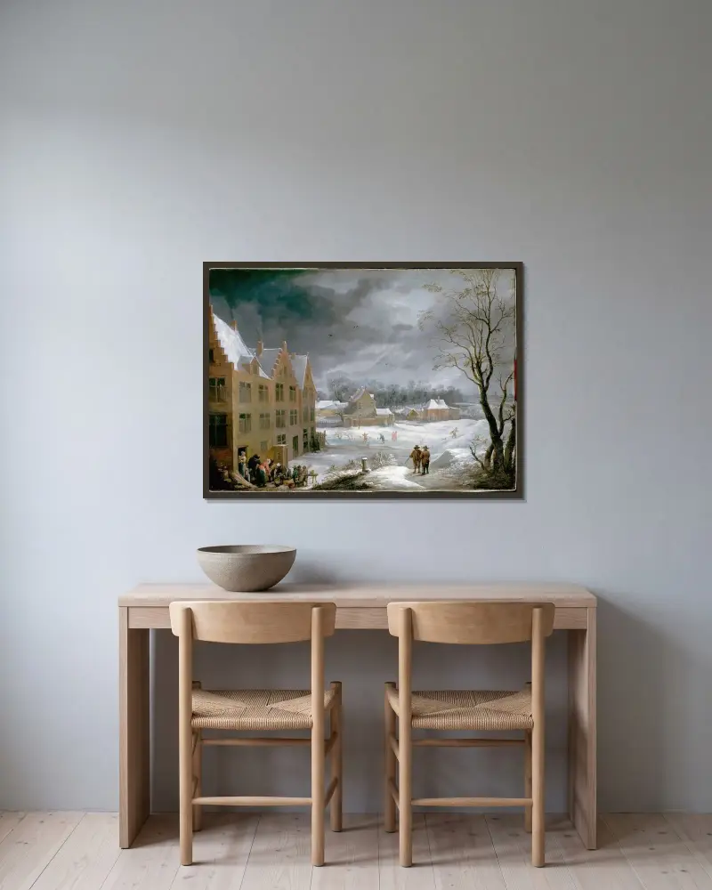 Vinterlandskap med en man som slaktar en gris av David Teniers The Younger inramad på en vägg