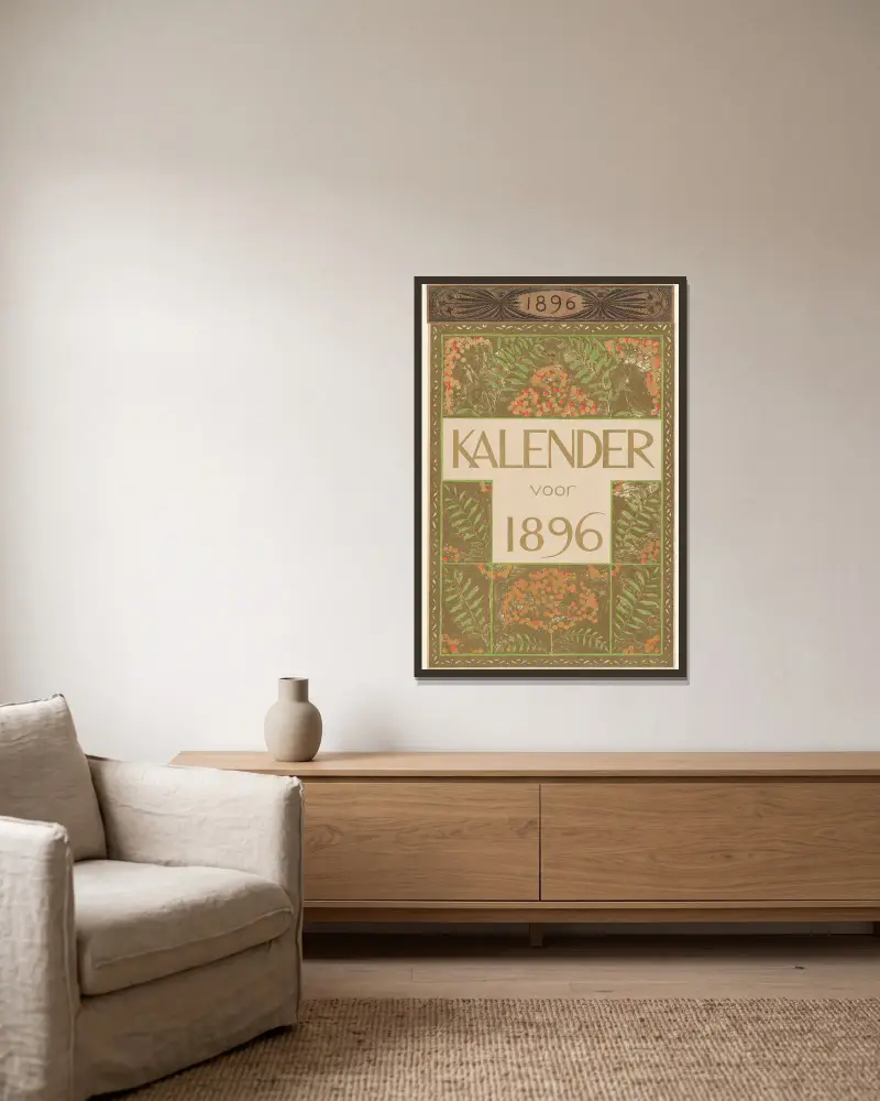 Dekblad van de kalender voor 1896 av Theo Nieuwenhuis inramad på en vägg