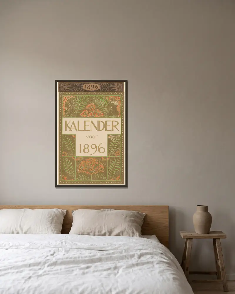 Dekblad van de kalender voor 1896 av Theo Nieuwenhuis inramad på en vägg