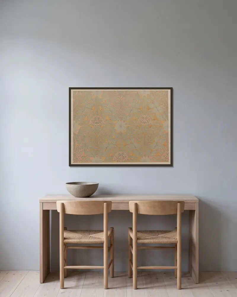 Geometriskt mönster med stiliserad grågrön lövverk bland rosa bär, krysantemum och fjärilar av Theo Nieuwenhuis inramad på en vägg
