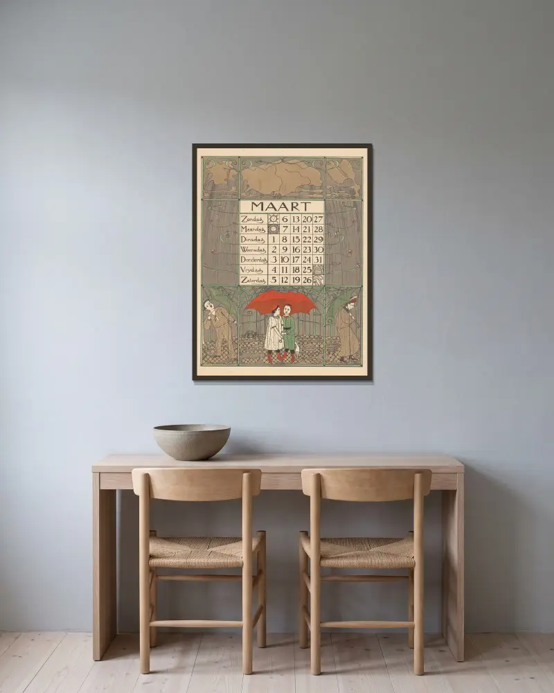 Kalenderblad voor maart 1898 av Theo Nieuwenhuis inramad på en vägg