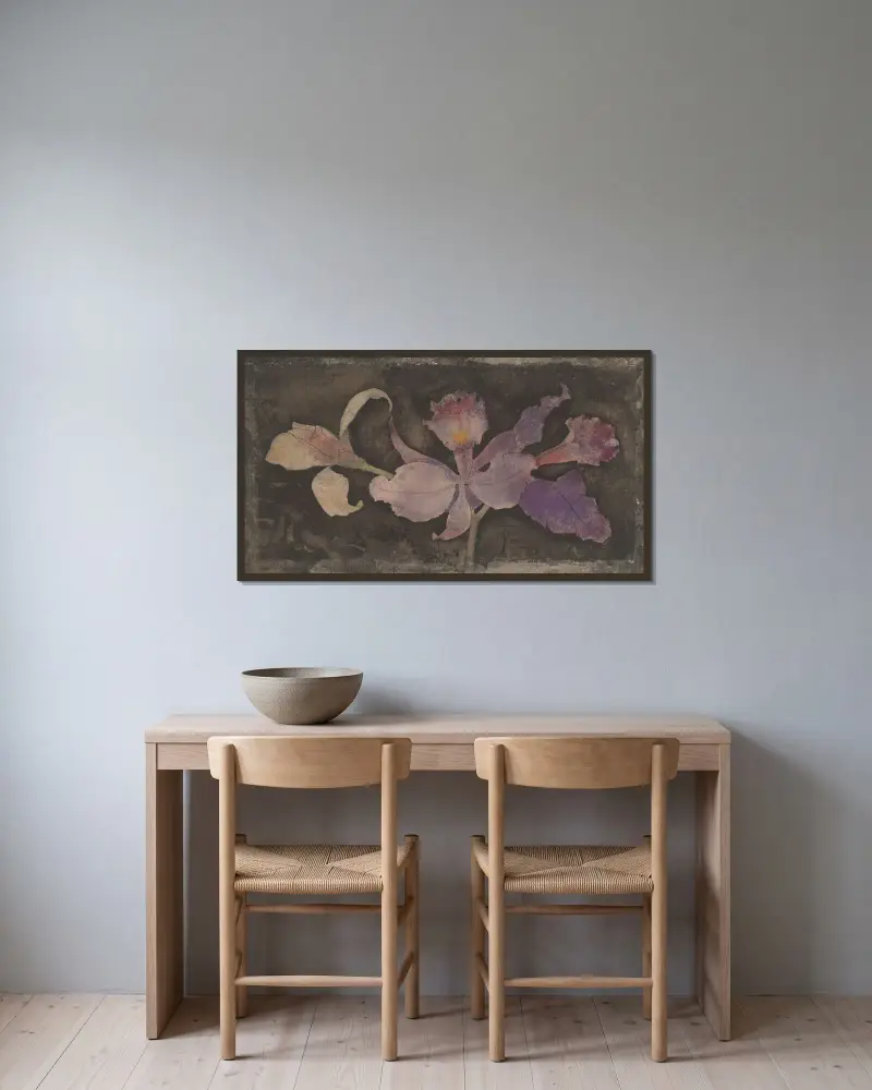 Fialová orchidej, Theo Nieuwenhuis v rámu na stěně