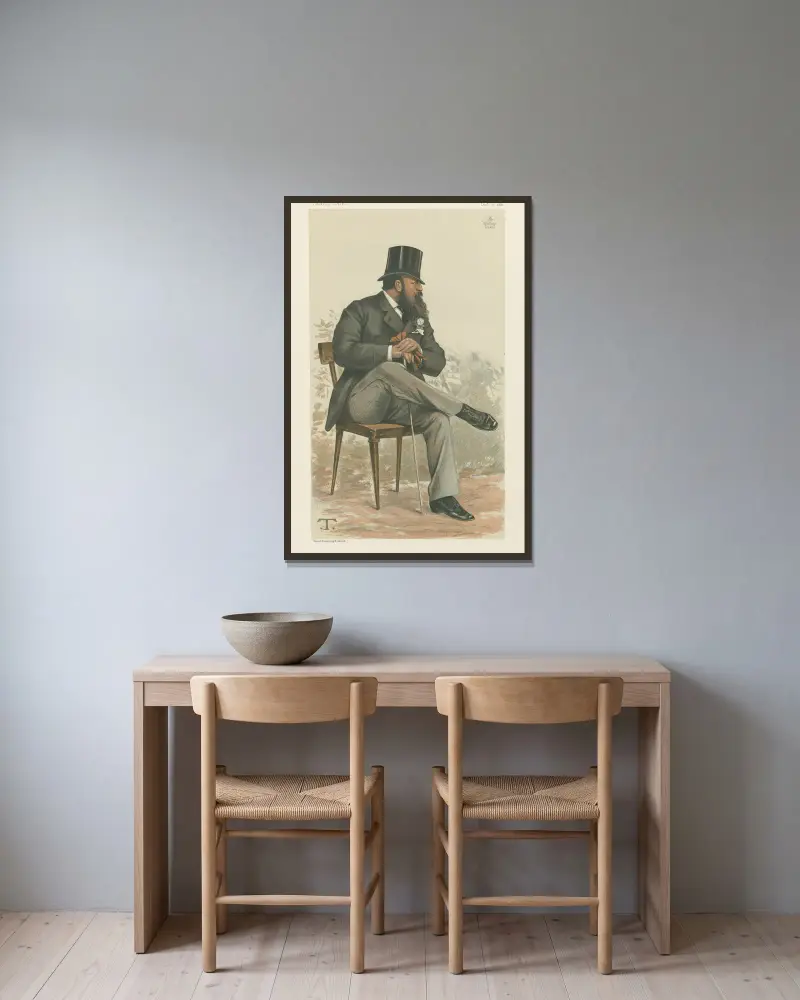 Politicians – Vanity Fair. ‘Property in Suffolk’. Lord Rendlesham. 6 October 1881 av Théobald Chartran inramad på en vägg