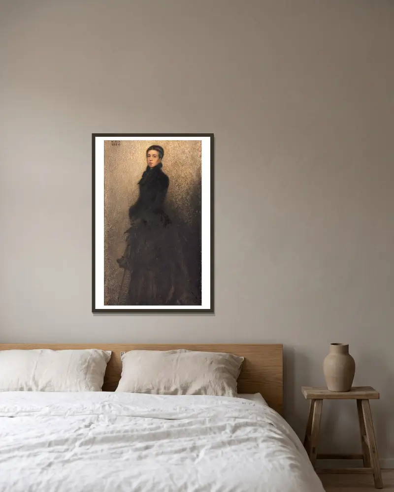 Portrait de la mère de l’artiste (Mme Dillon) av Théobald Chartran inramad på en vägg