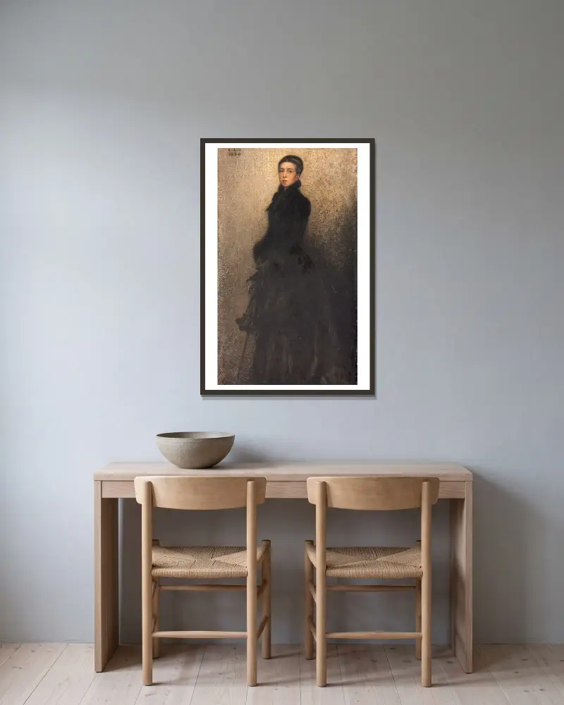 Portrait de la mère de l’artiste (Mme Dillon) av Théobald Chartran inramad på en vägg