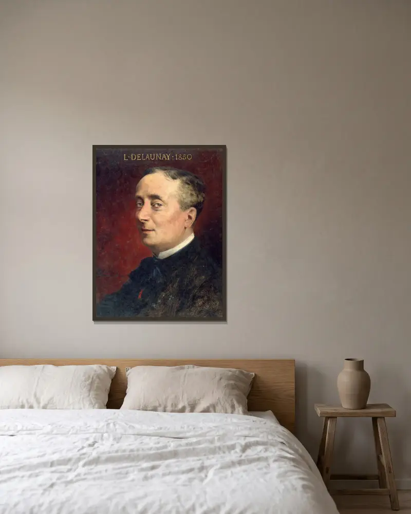 Portrait de Louis Delaunay père (1826-1903), sociétaire de la Comédie Française av Théobald Chartran inramad på en vägg