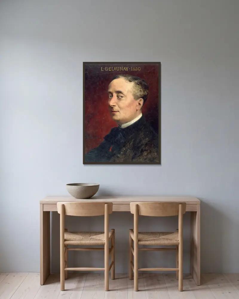 Portrait de Louis Delaunay père (1826-1903), sociétaire de la Comédie Française av Théobald Chartran inramad på en vägg
