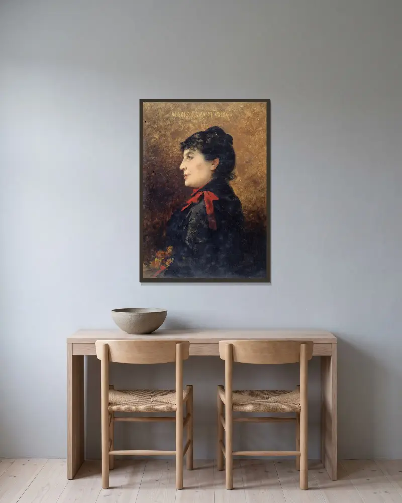 Portrait de Marie Favart (1833-1908), sociétaire de la Comédie-Française av Théobald Chartran inramad på en vägg