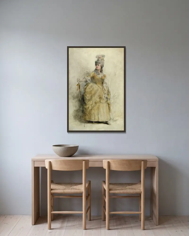 Portrait de Réjane (1856-1920) en costume de scène. av Théobald Chartran inramad på en vägg