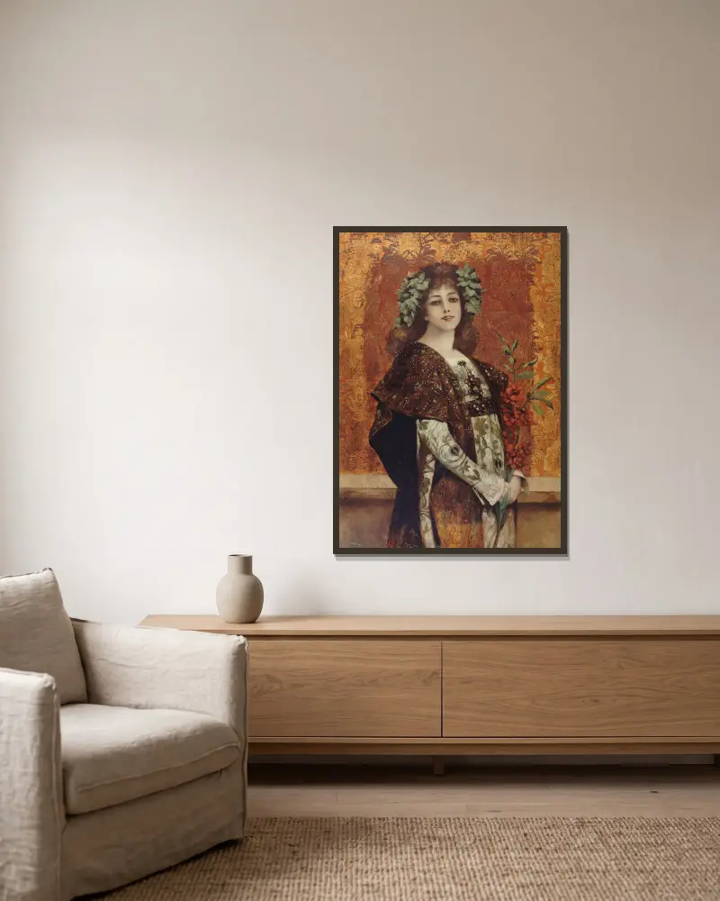 Portrait de Sarah Bernhardt (1844-1923), dans ‘Gismonda’ av Théobald Chartran inramad på en vägg