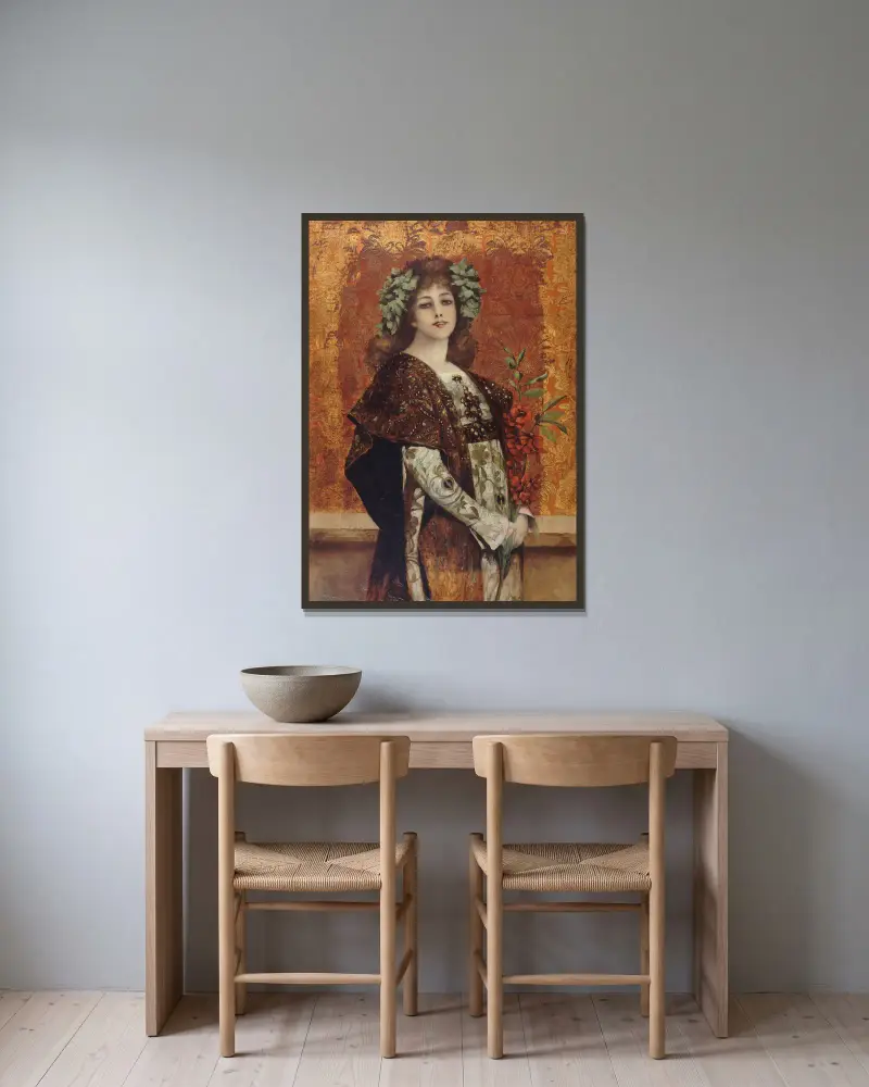 Portrait de Sarah Bernhardt (1844-1923), dans ‘Gismonda’ av Théobald Chartran inramad på en vägg