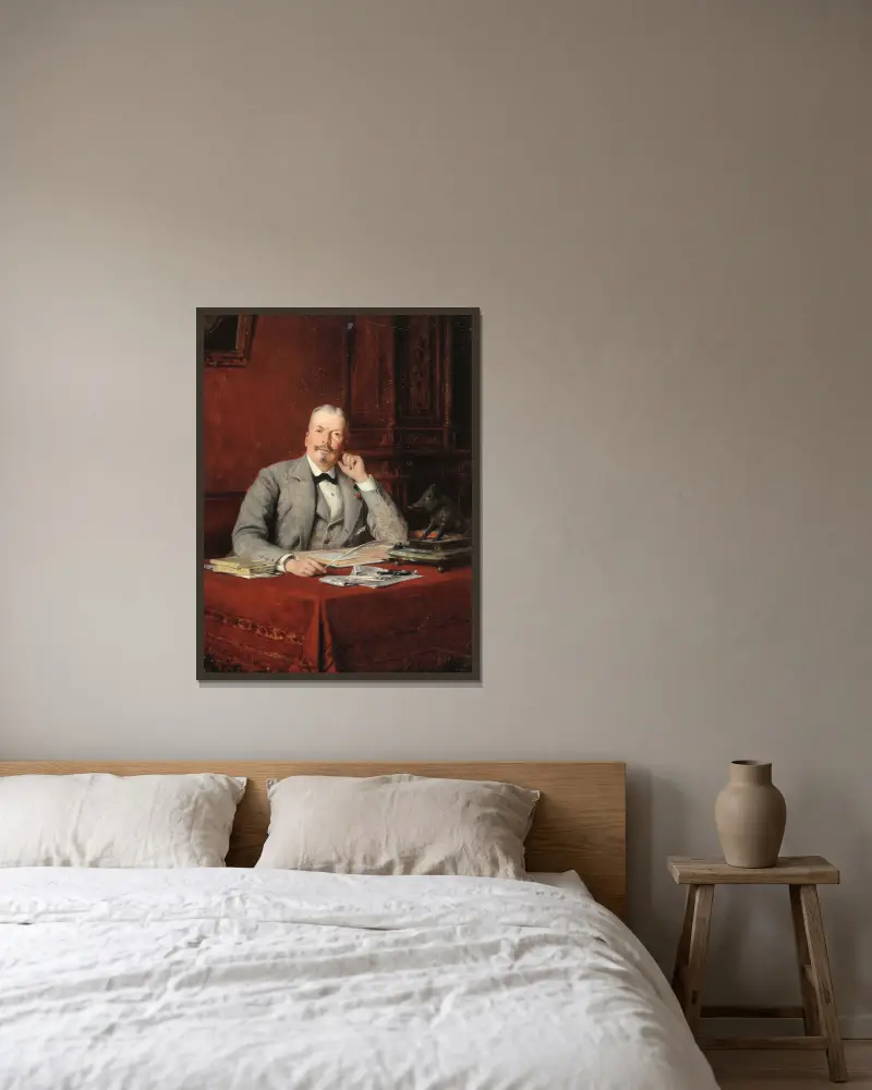 Portrait d’Olympe Hériot (1833-1899), homme d’affaires. av Théobald Chartran inramad på en vägg