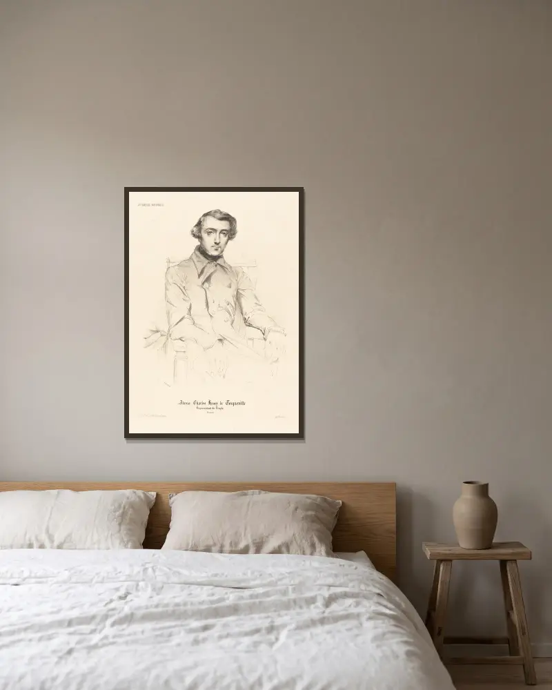 Alexis Charles Henry de Tocqueville av Théodore Chassériau inramad på en vägg