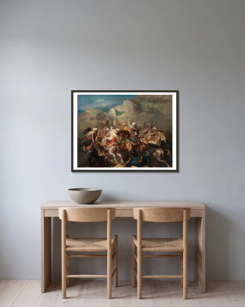Battle of Arab Horsemen Around a Standard av Théodore Chassériau inramad på en vägg