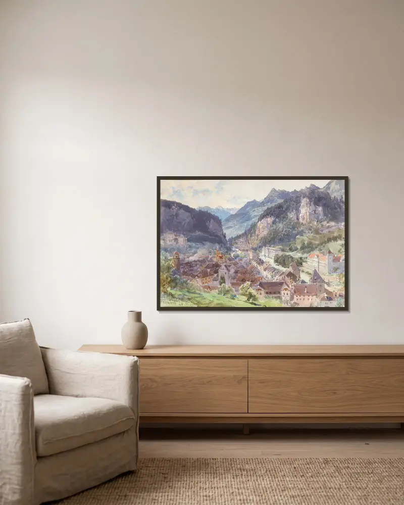 Utsikt över staden Feldkirch i Vorarlberg av Edward Theodore Compton inramad på en vägg
