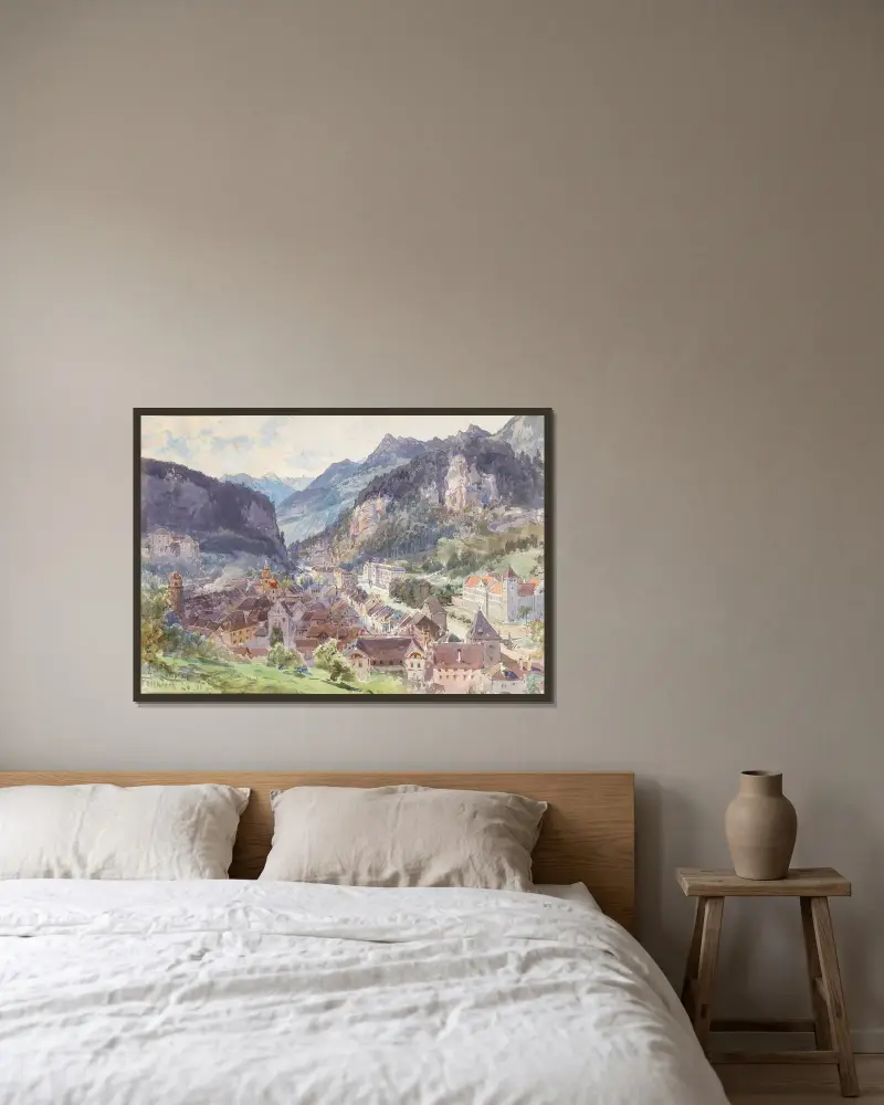 Utsikt över staden Feldkirch i Vorarlberg av Edward Theodore Compton inramad på en vägg