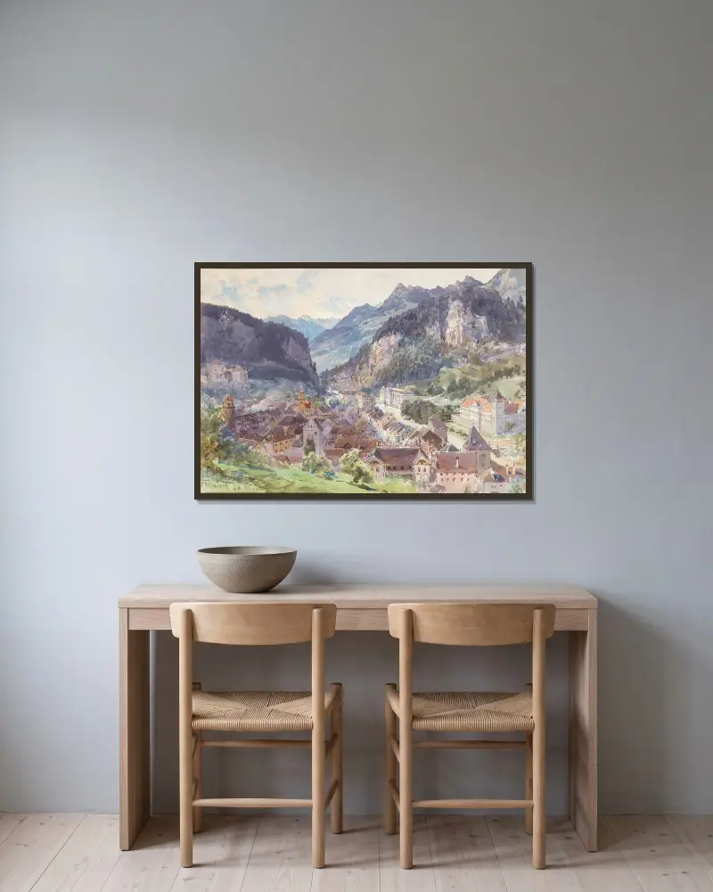 Utsikt över staden Feldkirch i Vorarlberg av Edward Theodore Compton inramad på en vägg