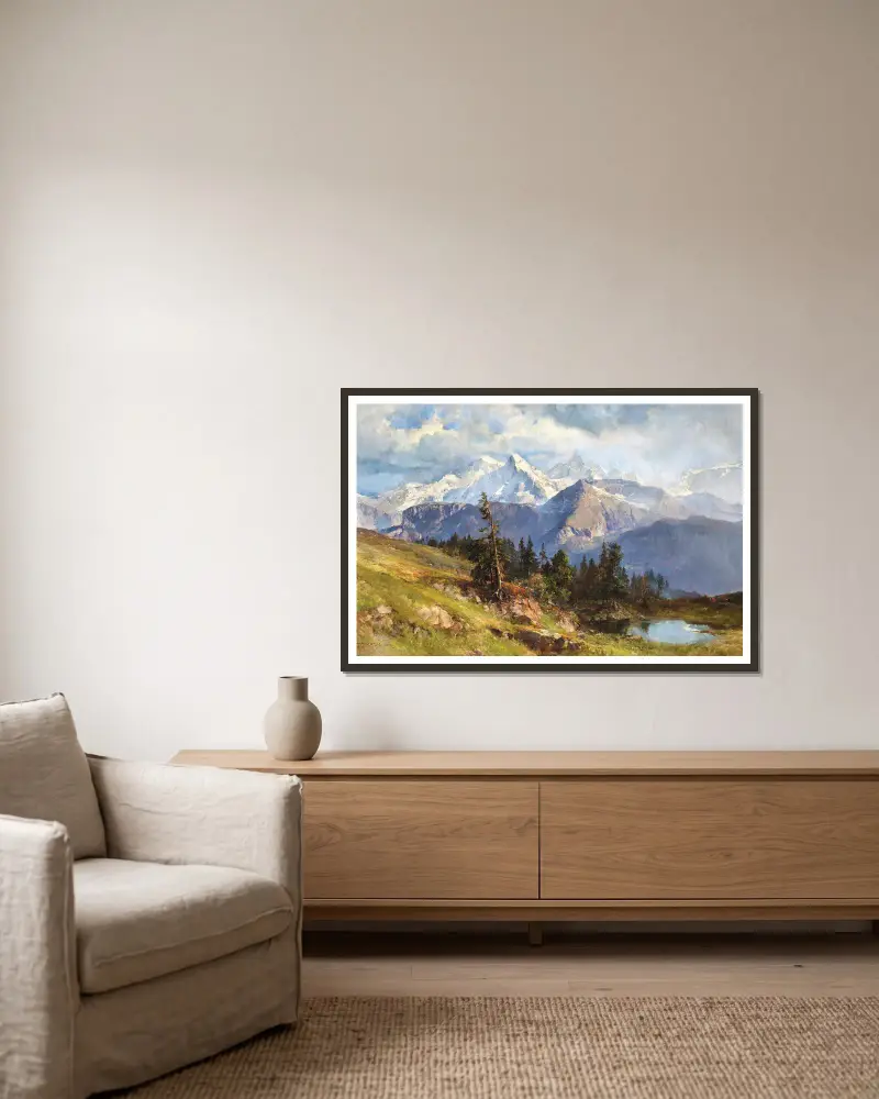 A View of the Wetterhorn and the Rosenlaui Glacier in the Bernese Alps, Switzerland av Edward Theodore Compton inramad på en vägg