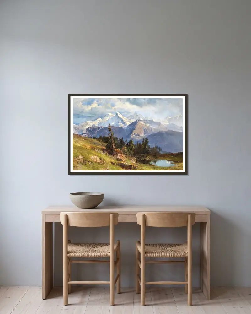 A View of the Wetterhorn and the Rosenlaui Glacier in the Bernese Alps, Switzerland av Edward Theodore Compton inramad på en vägg