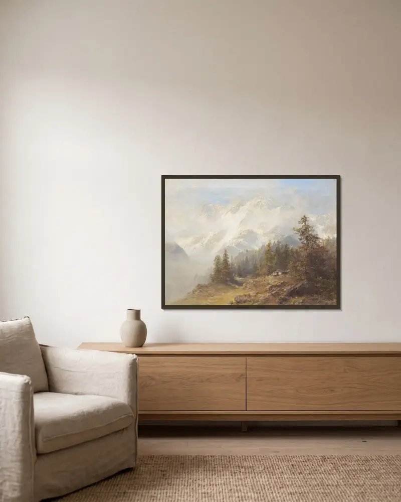 Alpenlandschaft vor schneebedecktem Massiv av Edward Theodore Compton inramad på en vägg