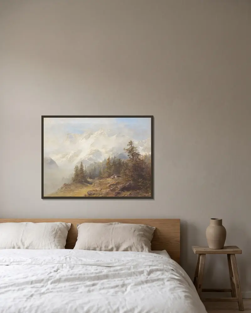 Alpenlandschaft vor schneebedecktem Massiv av Edward Theodore Compton inramad på en vägg