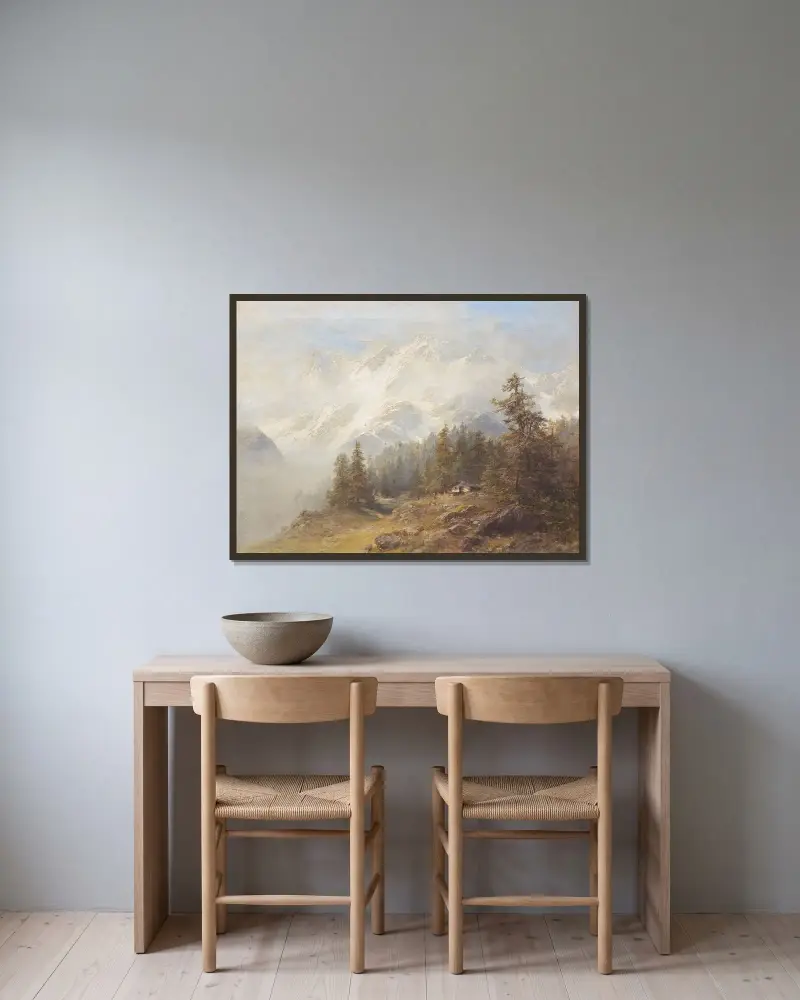 Alpenlandschaft vor schneebedecktem Massiv av Edward Theodore Compton inramad på en vägg