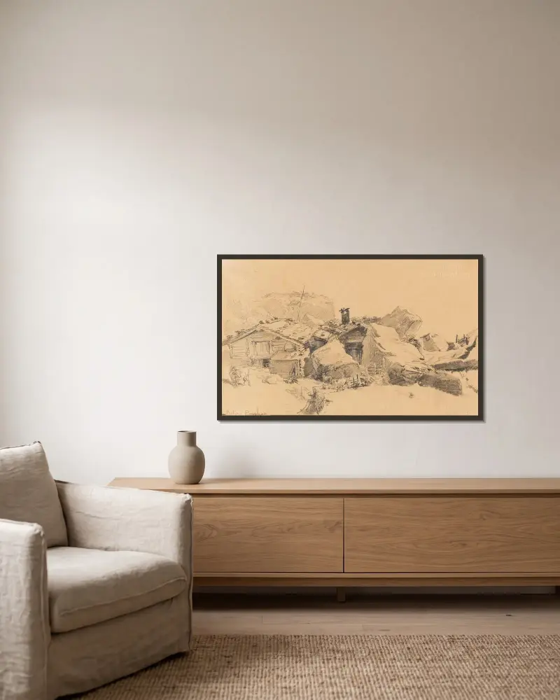 Berghütten (Roßhag in den Zillertaler Alpen) von Edward Theodore Compton gerahmt an einer Wand