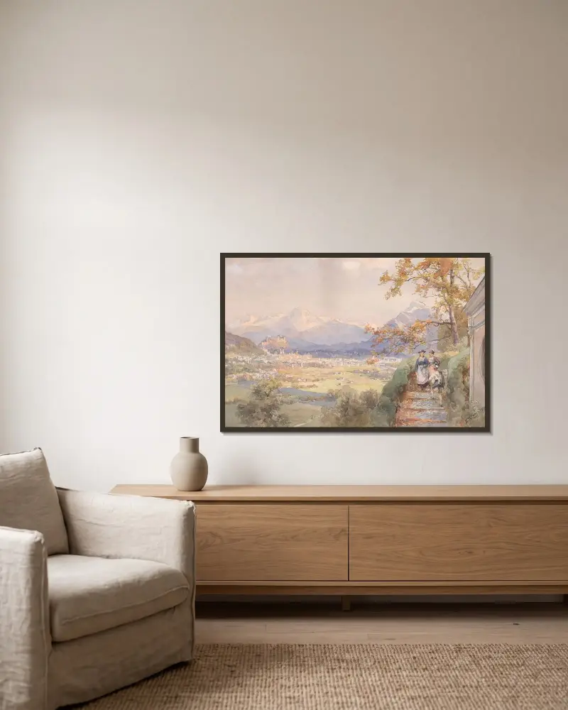 Vy över staden Salzburg av Edward Theodore Compton inramad på en vägg