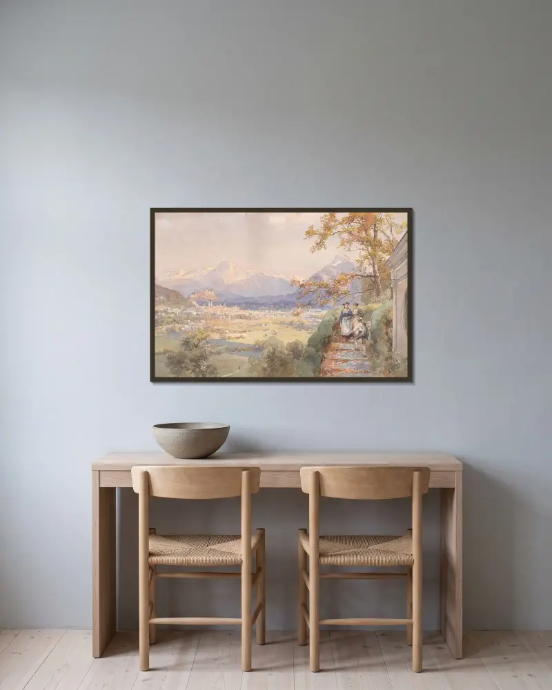 Vy över staden Salzburg av Edward Theodore Compton inramad på en vägg