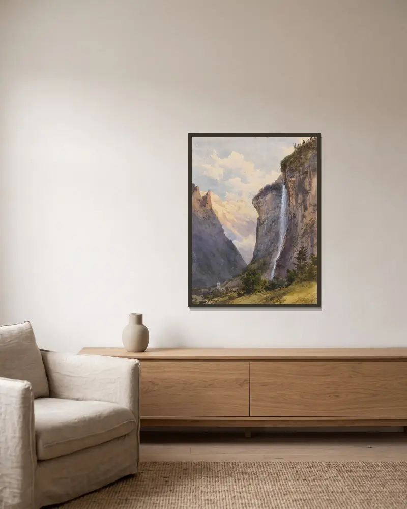 Der Staubbachfall in Lauterbrunnen (Schweiz) von Edward Theodore Compton gerahmt an einer Wand