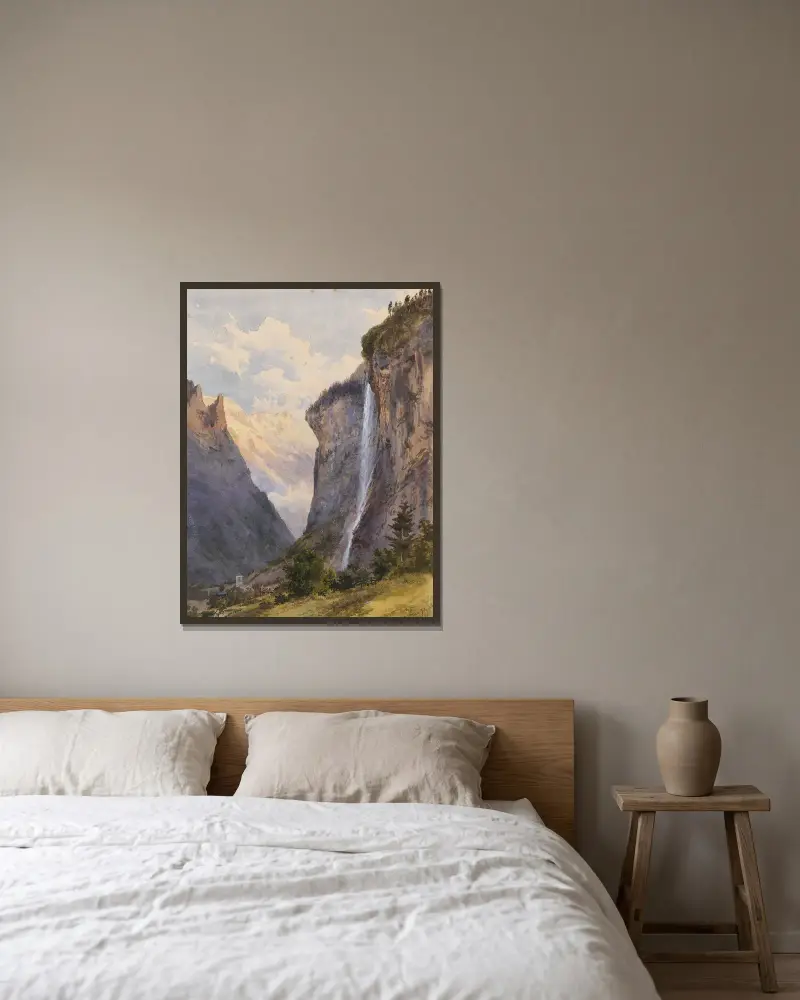 Der Staubbachfall in Lauterbrunnen (Schweiz) von Edward Theodore Compton gerahmt an einer Wand